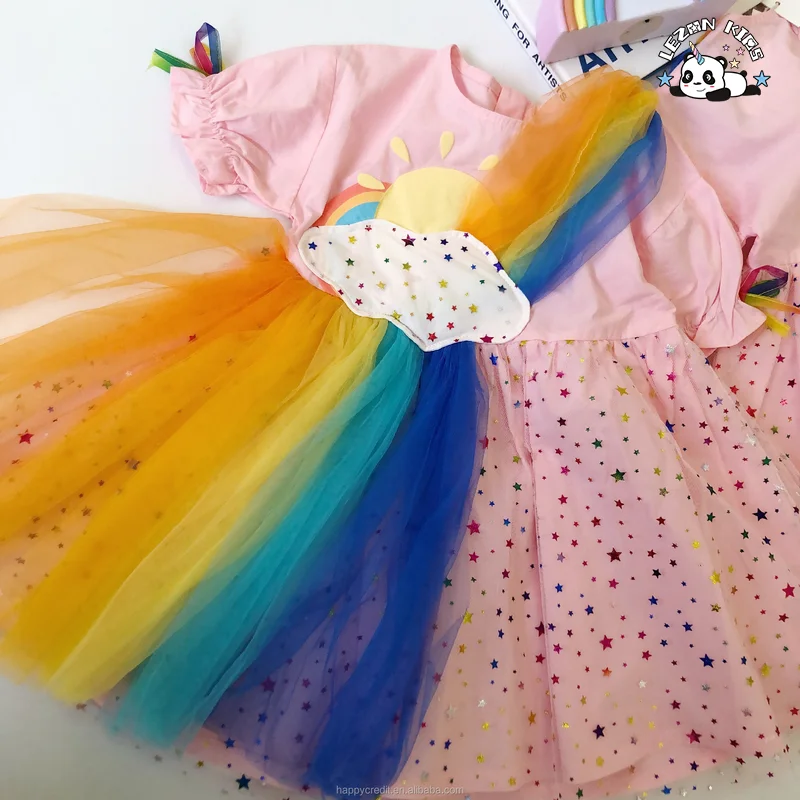 LEZONKIDS - 2023 New Summer Rainbow Clouds Rainbow Colors Stars Mesh Dress  Girl Dresses For Kids